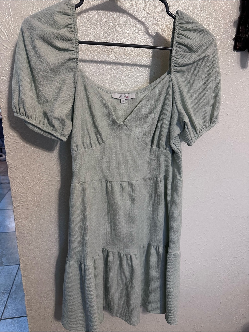 GoJane Sage Puff-Sleeve Tiered Mini Dress - Light Green